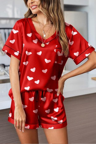 Silk Satin Heart Print Pajama Set – Playful Elegance Meets Everyday Comfort
